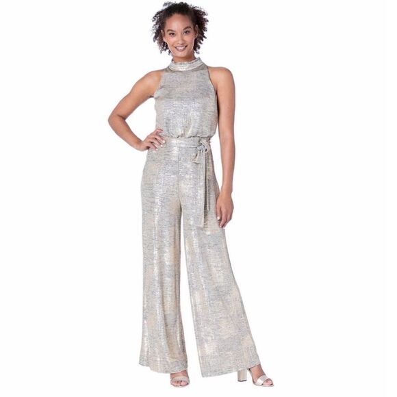 VINCE CAMUTO Metallic Silver Sleeveless Jumpsuit Mock Neck Wide Leg Size 12 - Picture 3 of 11